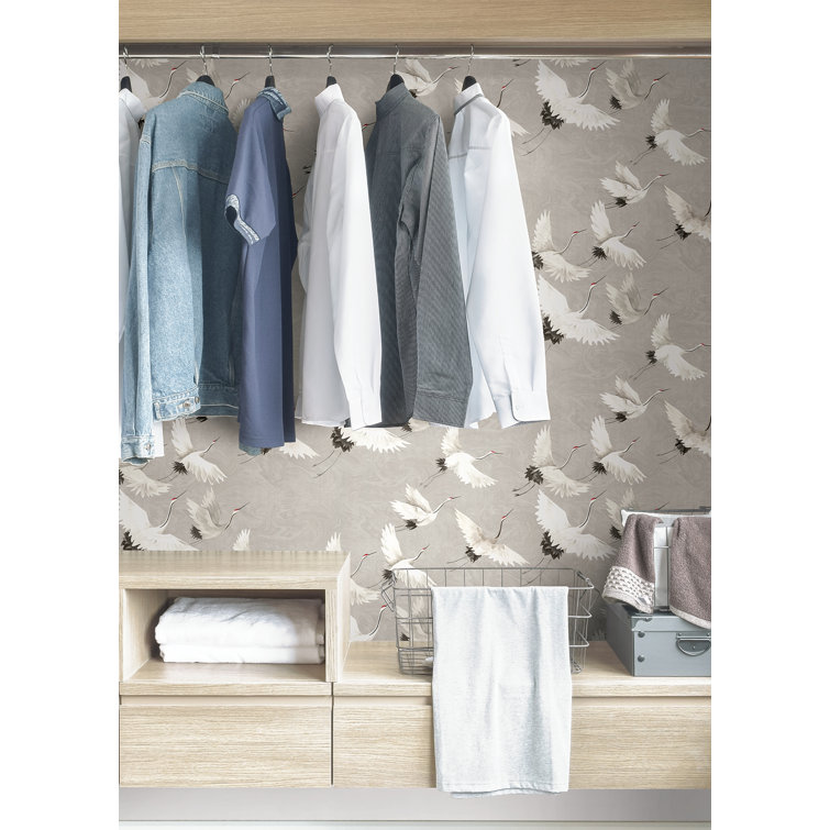 Grey and White Crane Vinyl Peel & Stick Wallpaper