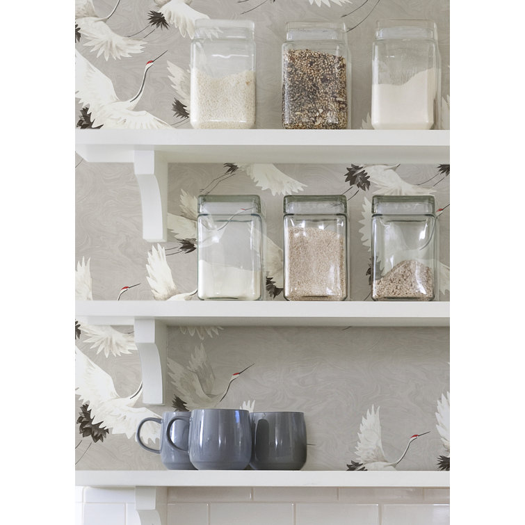 Grey and White Crane Vinyl Peel & Stick Wallpaper