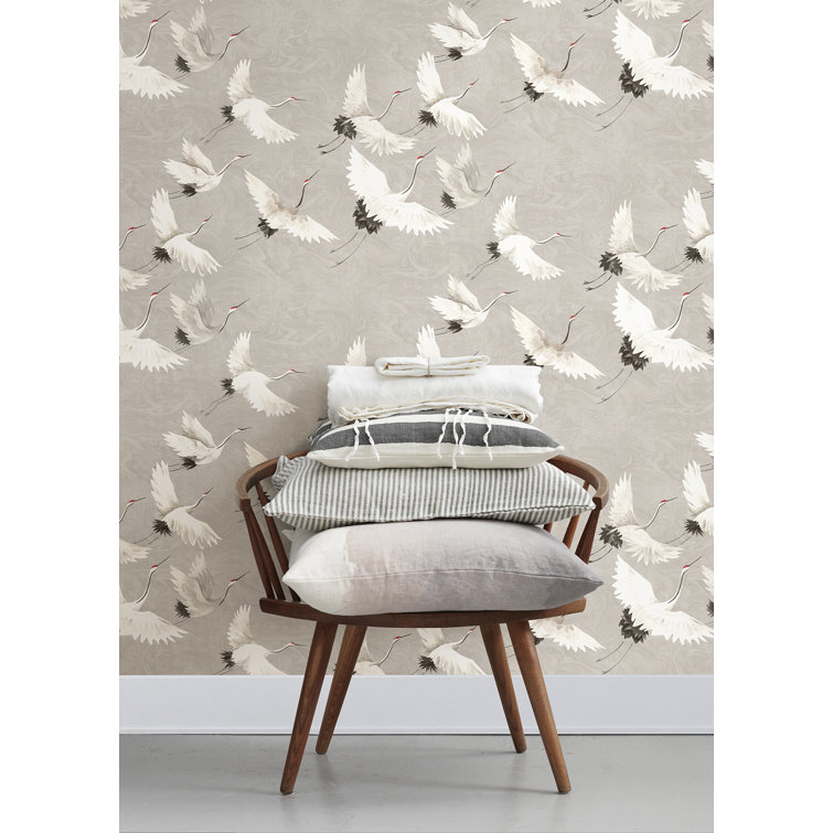 Grey and White Crane Vinyl Peel & Stick Wallpaper