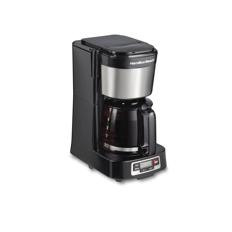 Compact Black and Stainless Steel 5-Cup Coffee Maker with Programmable Clock