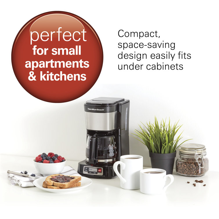 Compact Black and Stainless Steel 5-Cup Coffee Maker with Programmable Clock