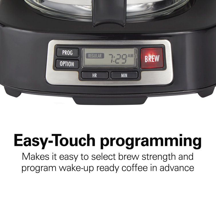 Compact Black and Stainless Steel 5-Cup Coffee Maker with Programmable Clock