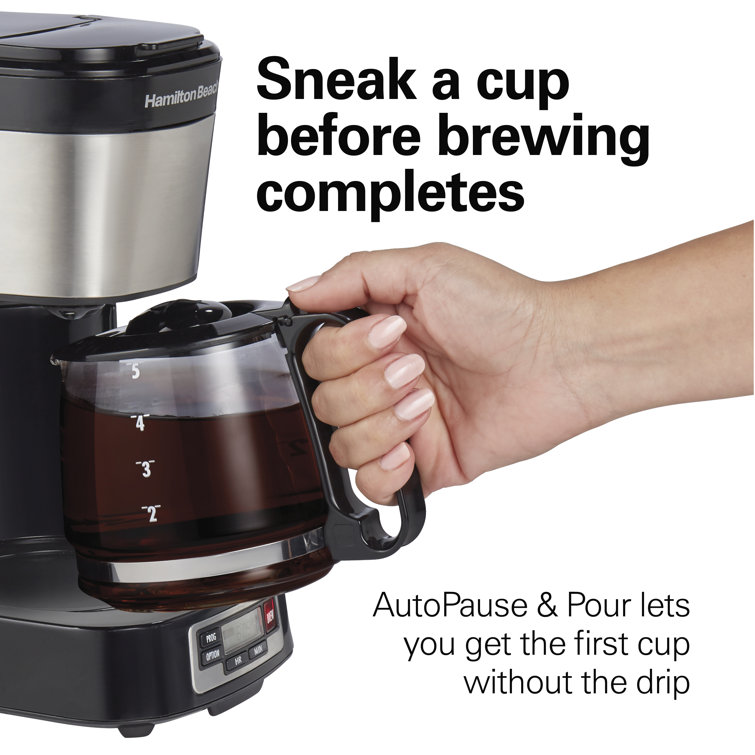 Compact Black and Stainless Steel 5-Cup Coffee Maker with Programmable Clock
