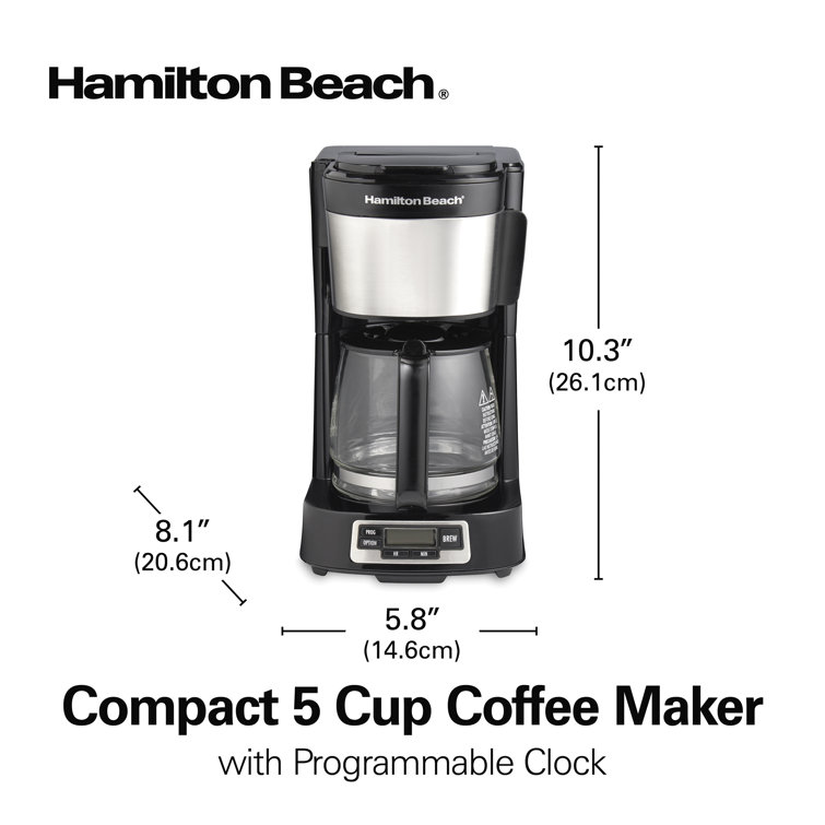 Compact Black and Stainless Steel 5-Cup Coffee Maker with Programmable Clock