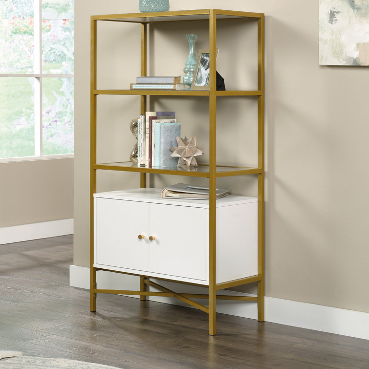 White and Gold Adjustable Bookcase with Doors