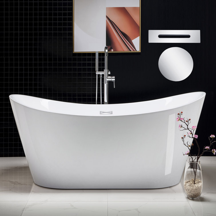 67'' White Freestanding Acrylic Bathtub with Chrome Trim
