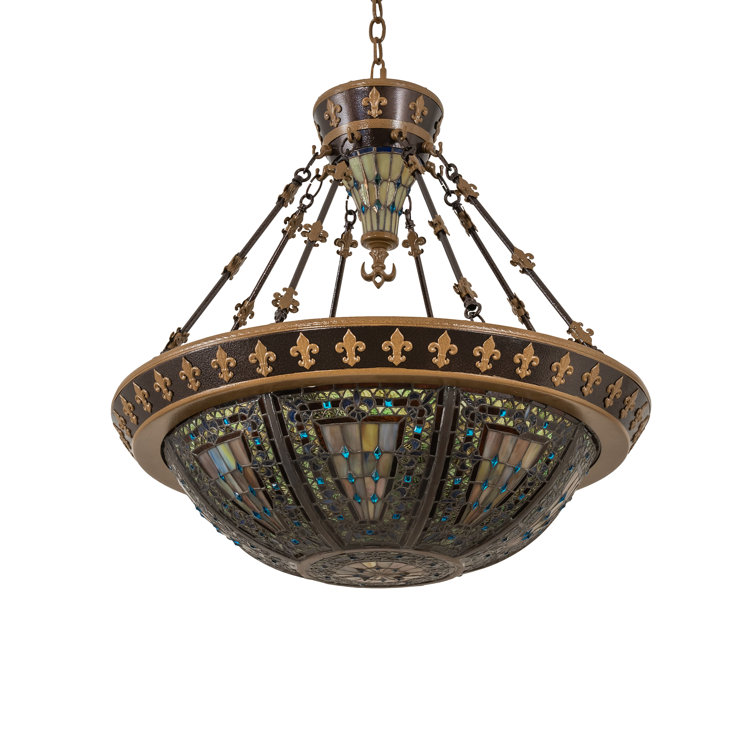 Large Bronze and Glass Tiffany Style Pendant Light