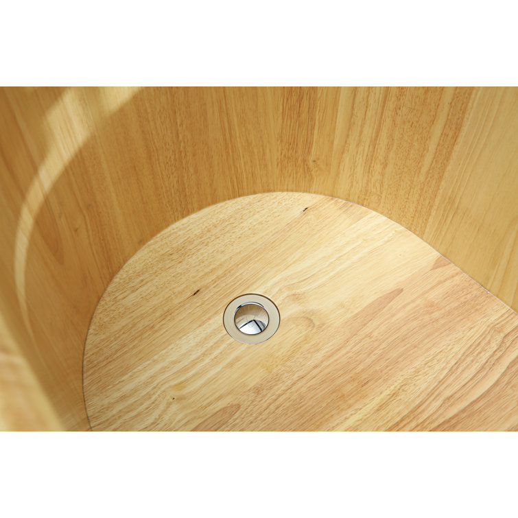 61'' Natural Oak Freestanding Soaking Bathtub with Cushion Headrest