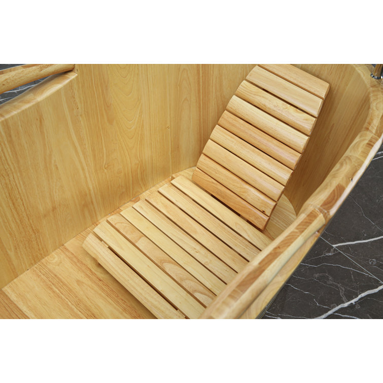 61'' Natural Oak Freestanding Soaking Bathtub with Cushion Headrest