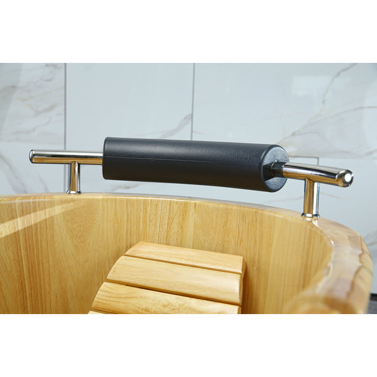 61'' Natural Oak Freestanding Soaking Bathtub with Cushion Headrest