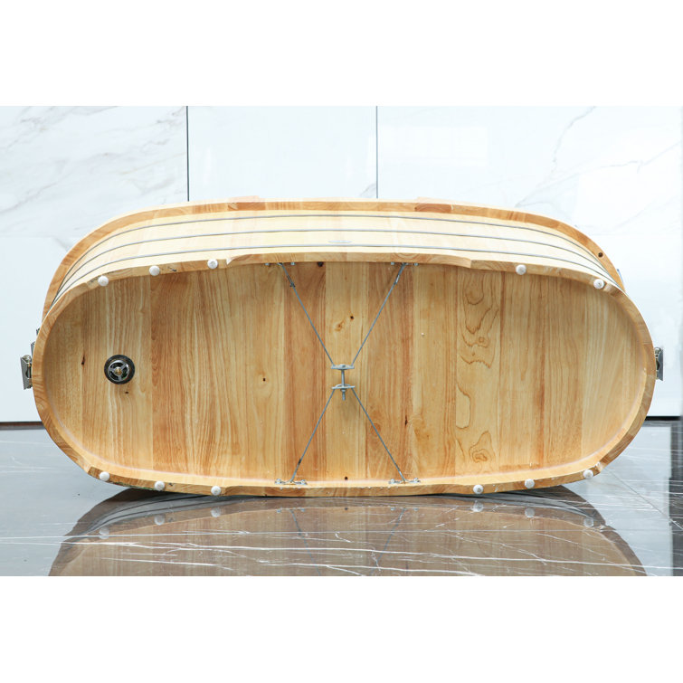61'' Natural Oak Freestanding Soaking Bathtub with Cushion Headrest