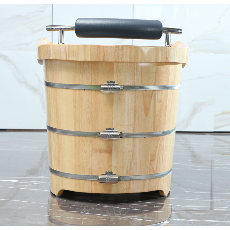 61'' Natural Oak Freestanding Soaking Bathtub with Cushion Headrest