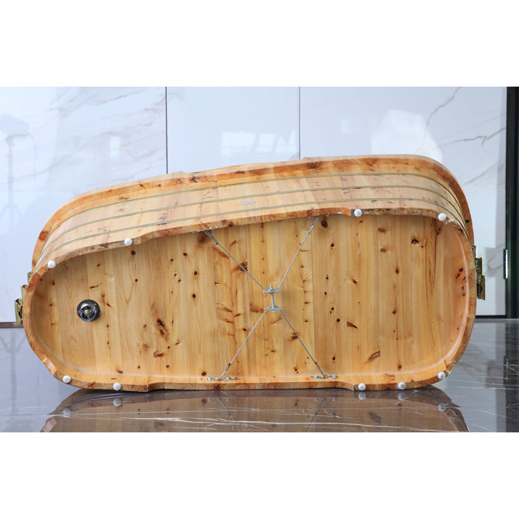 61'' Natural Cedar Freestanding Soaking Bathtub with Chrome Faucet