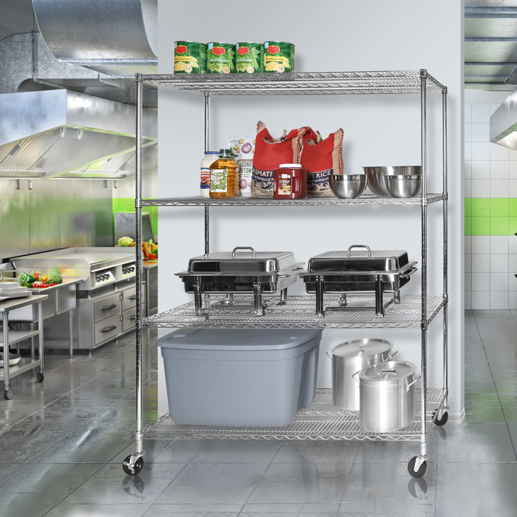 Versatile Chrome 4-Tier Steel Wire Adjustable Shelving Unit with Wheels