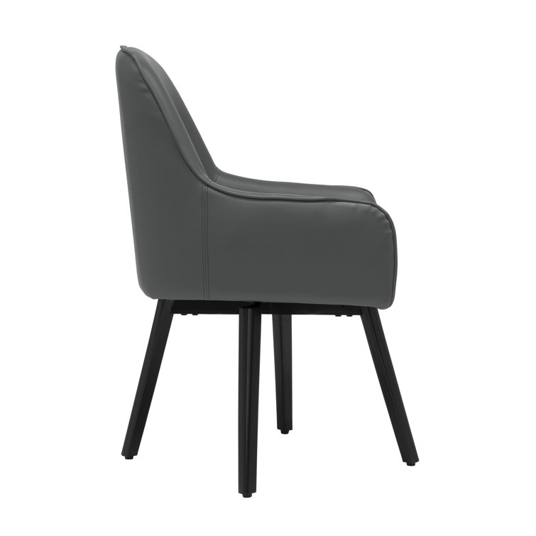 Matte Black Leather Swivel Armchair with Metal Legs