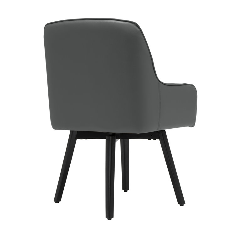 Matte Black Leather Swivel Armchair with Metal Legs