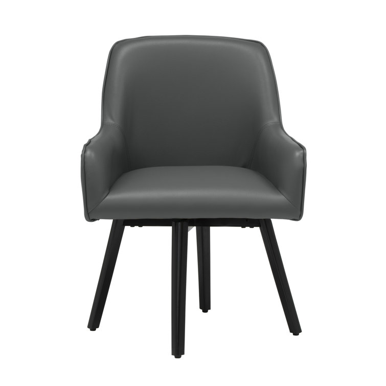 Matte Black Leather Swivel Armchair with Metal Legs