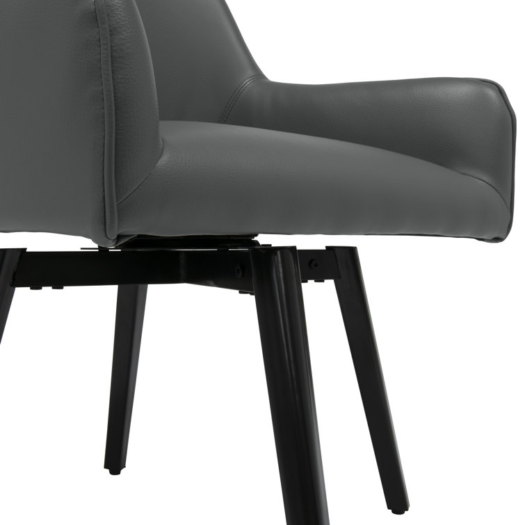 Matte Black Leather Swivel Armchair with Metal Legs