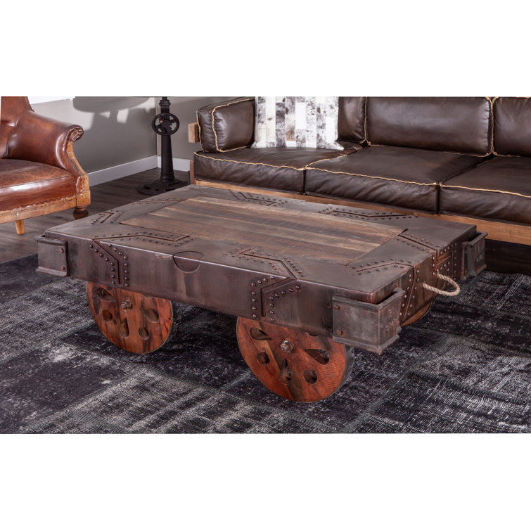 Antique Rust Rectangular Wood and Metal Coffee Table with Wheels