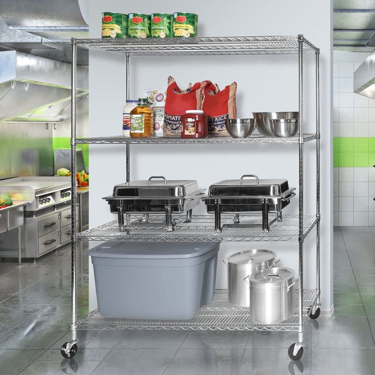 Versatile Chrome 4-Tier Steel Wire Adjustable Shelving Unit with Wheels