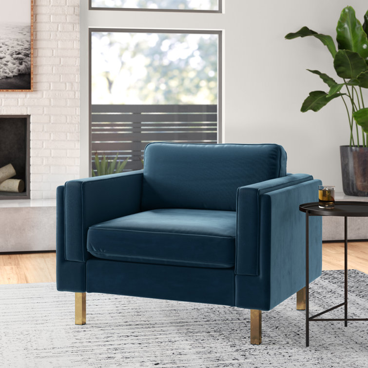 Blue Velvet and Gold Handcrafted Mid-Century Modern Accent Chair