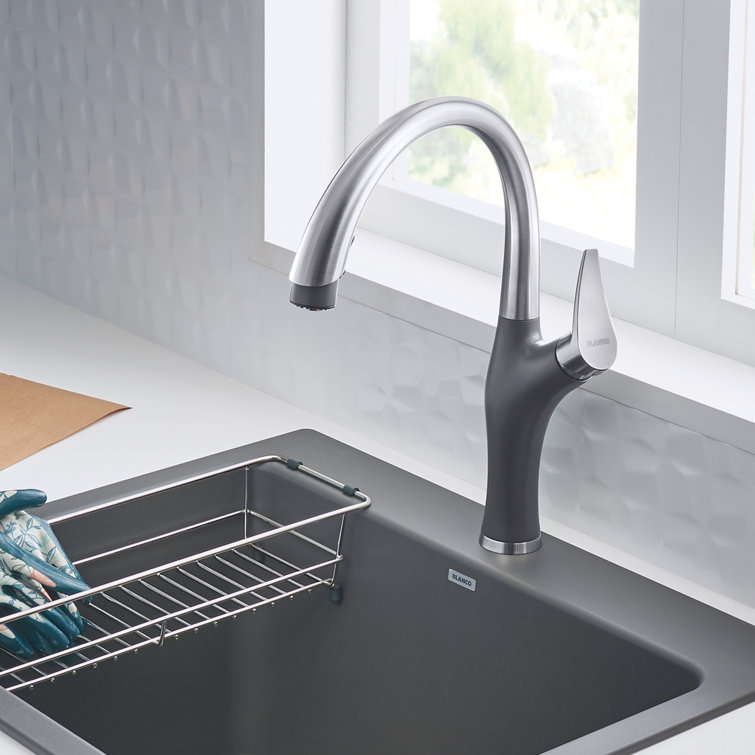 Stainless Steel and Gray Pull-Down Spray Kitchen Faucet