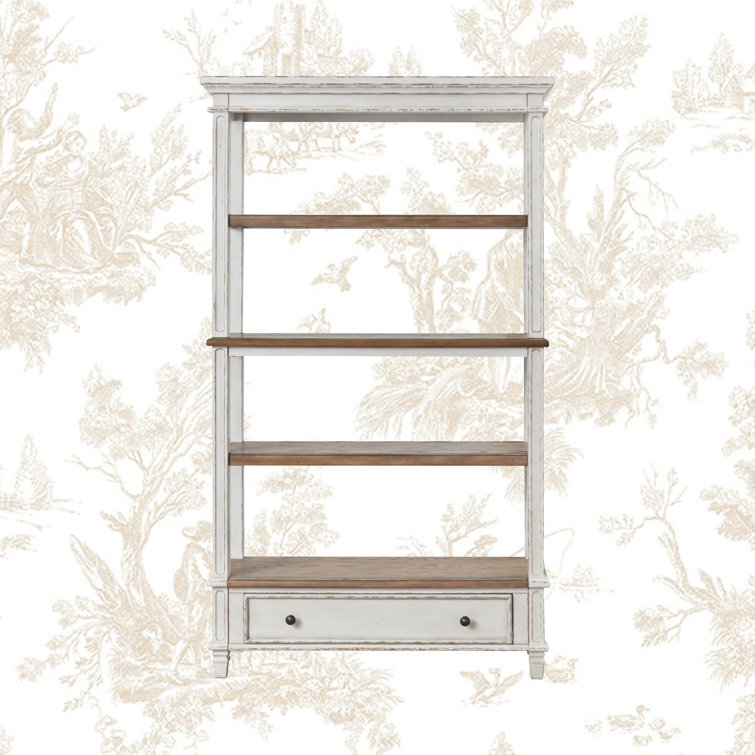Chipped White & Distressed Wood Rustic Bookcase with Drawer