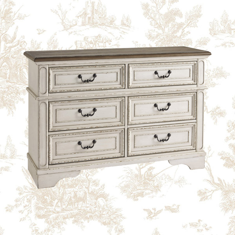 Cottage Charm White & Mahogany 6-Drawer Dresser with Mirror