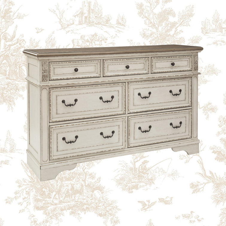 Vintage Charm Brown & Distressed White 7-Drawer Double Dresser