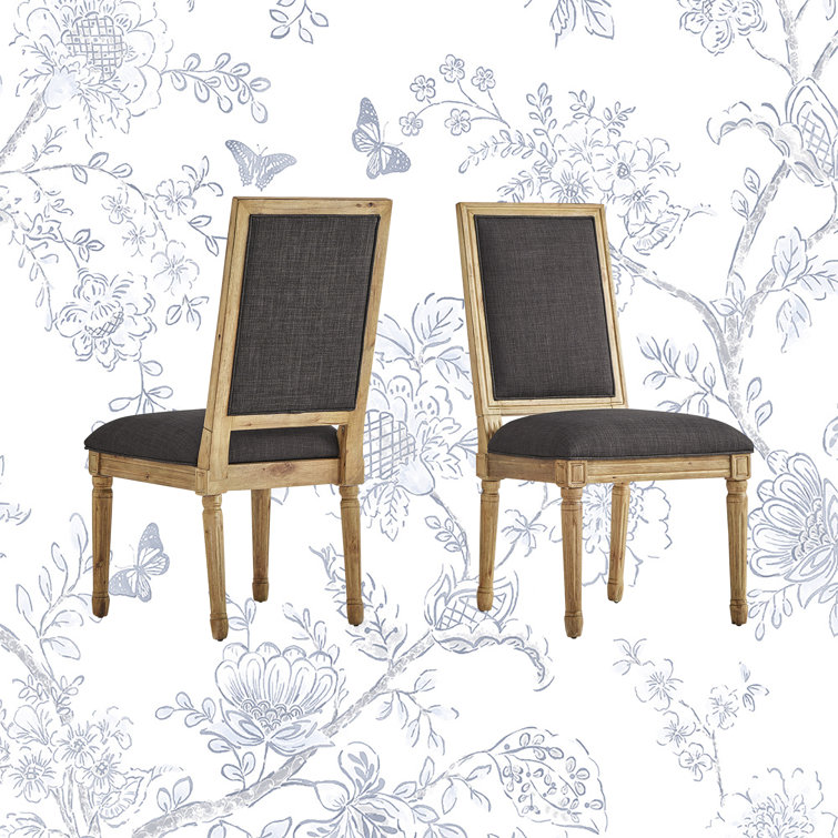 Dark Gray Linen Upholstered Dining Chair with Natural Wood Frame