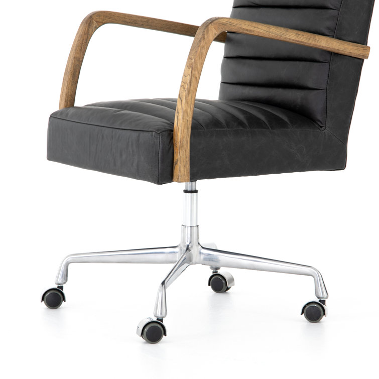 Black Leather Contemporary Conference Chair with Oak Arms