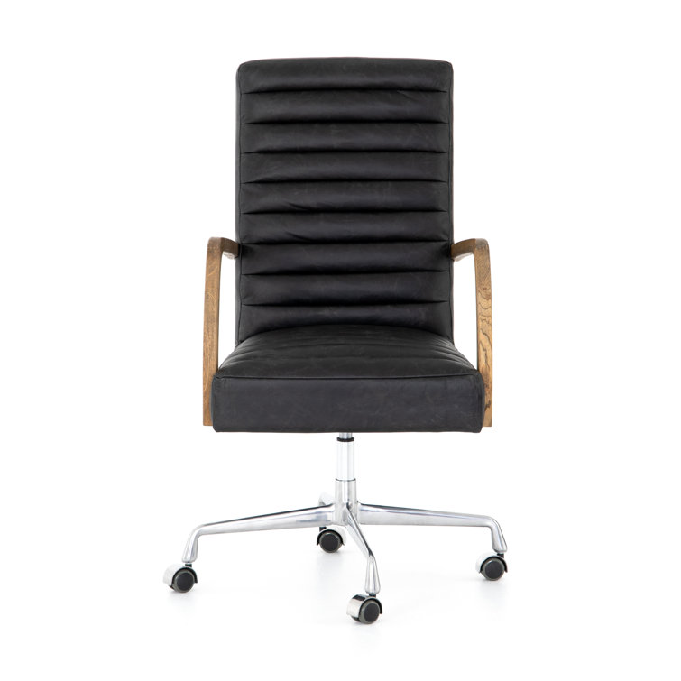 Black Leather Contemporary Conference Chair with Oak Arms