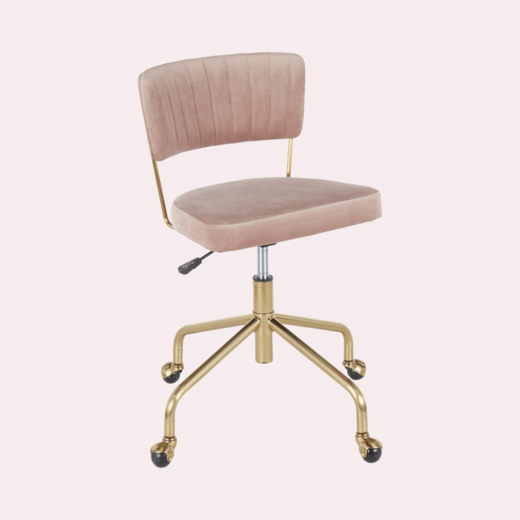 Contemporary Pink Velvet Swivel Task Chair with Gold Metal Base