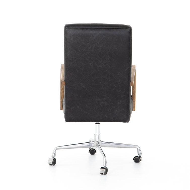 Black Leather Contemporary Conference Chair with Oak Arms