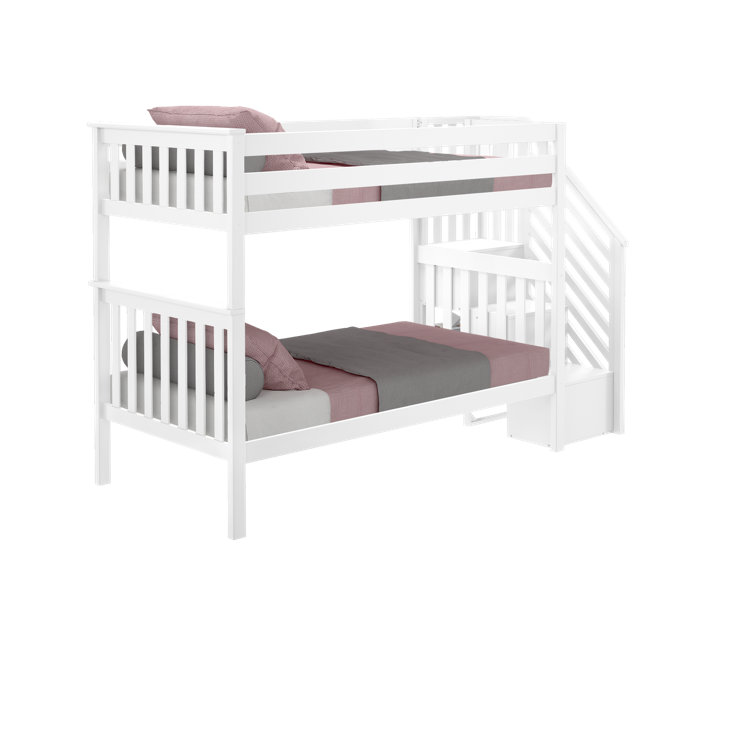 White Twin Over Twin Bunk Bed with Storage Stairs
