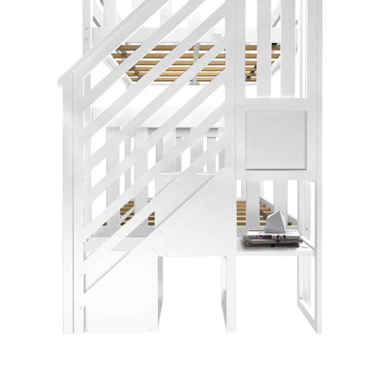 White Twin Over Twin Bunk Bed with Storage Stairs
