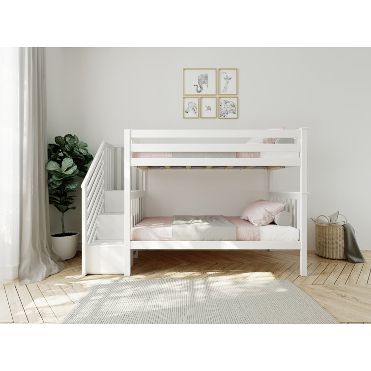White Twin Over Twin Bunk Bed with Storage Stairs