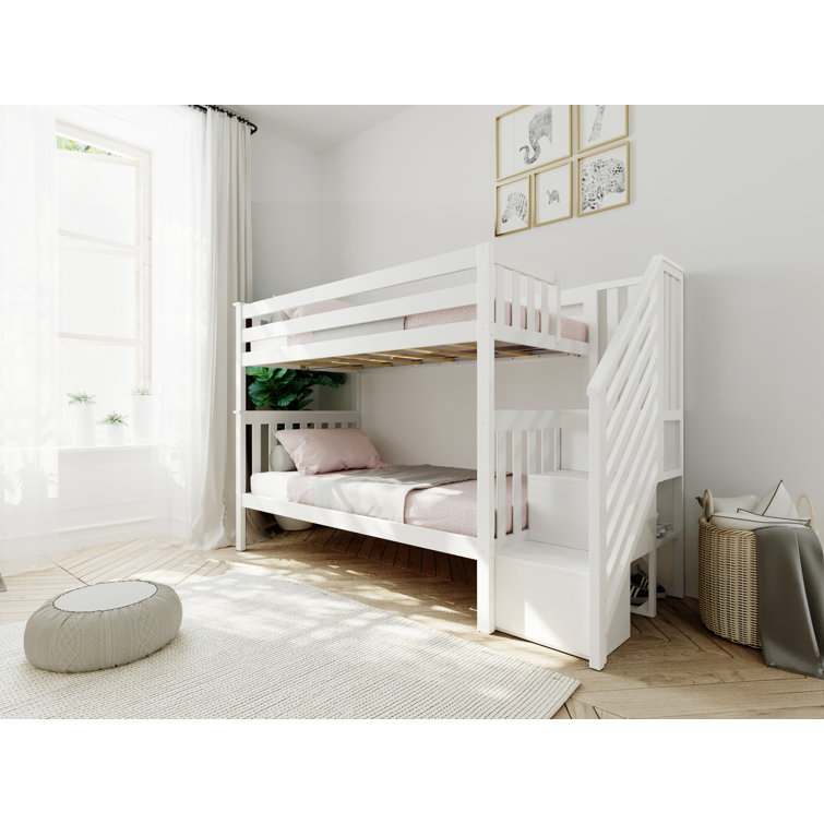 White Twin Over Twin Bunk Bed with Storage Stairs