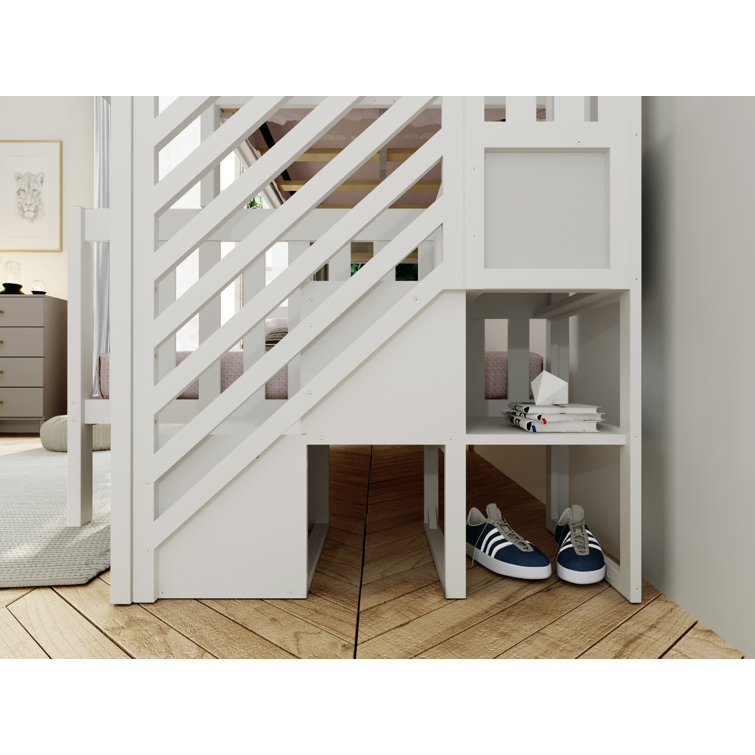 White Twin Over Twin Bunk Bed with Storage Stairs