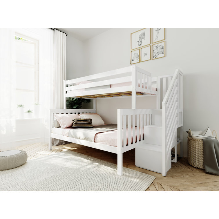 White Twin Over Twin Bunk Bed with Storage Stairs
