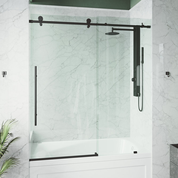 Matte Black Frameless Sliding Tub Door with Clear Glass