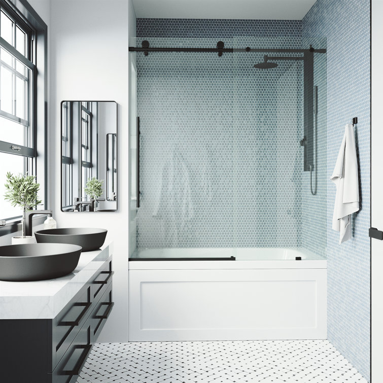 Matte Black Frameless Sliding Tub Door with Clear Glass