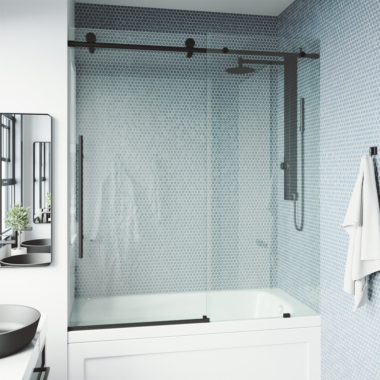 Matte Black Frameless Sliding Tub Door with Clear Glass