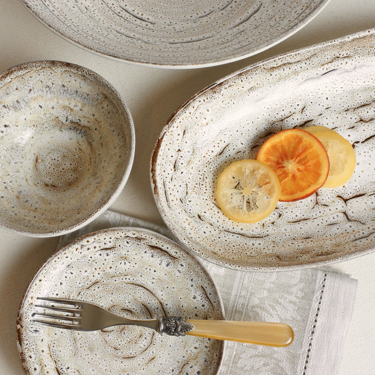 Rustic Cream and Brown Ceramic Oval Platter