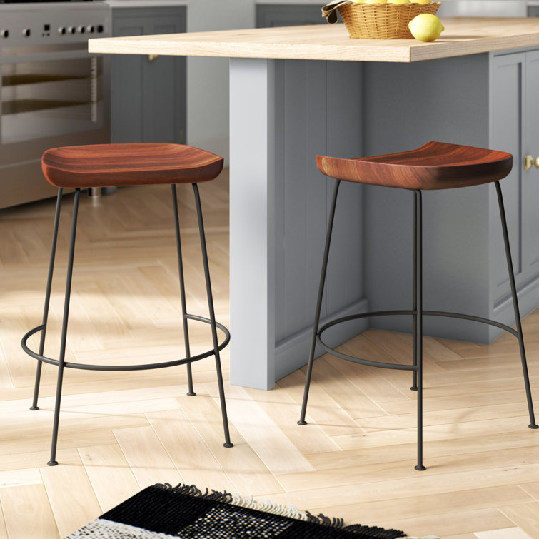 Chestnut Mango Wood and Black Iron Backless Counter Stools, Set of 2