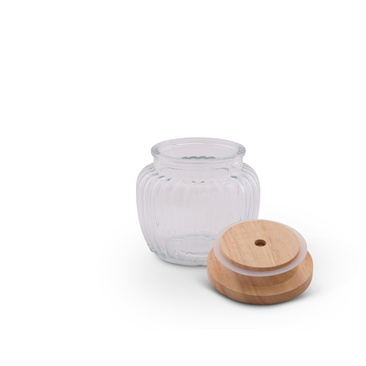 Small Clear Striped Glass Canister with Acacia Wood Lid