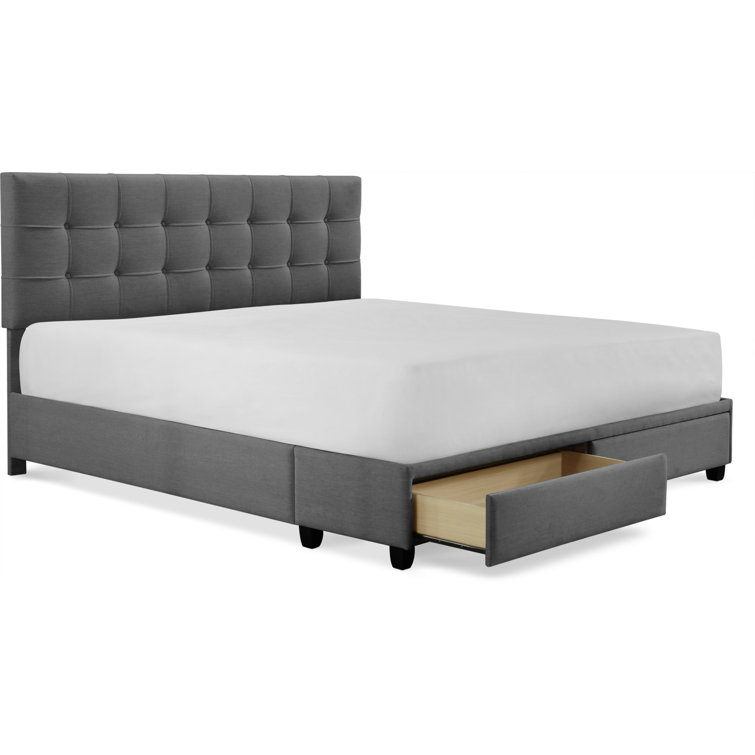 Plush Dark Gray Queen Upholstered Bed with Tufted Headboard and Storage Drawers