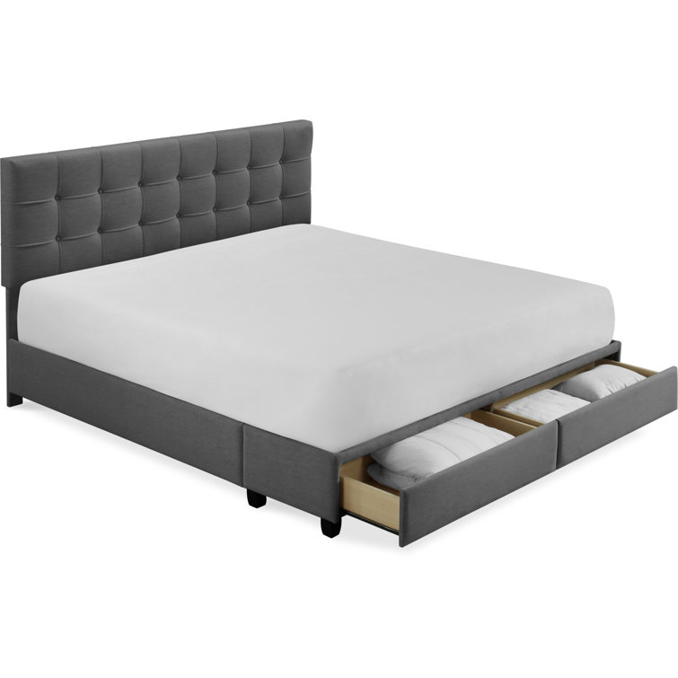 Plush Dark Gray Queen Upholstered Bed with Tufted Headboard and Storage Drawers