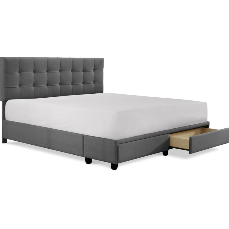 Plush Dark Gray Queen Upholstered Bed with Tufted Headboard and Storage Drawers