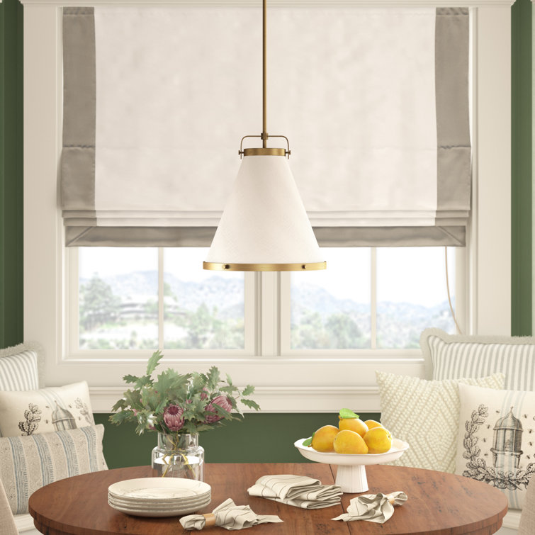 Lacquered Brass and Off-White Single Cone Pendant Light
